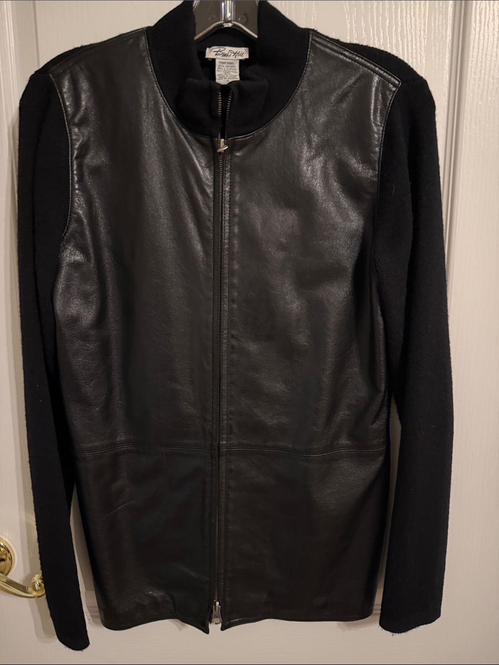 Black Leather Front Knit-Sleeve Zip Jacket